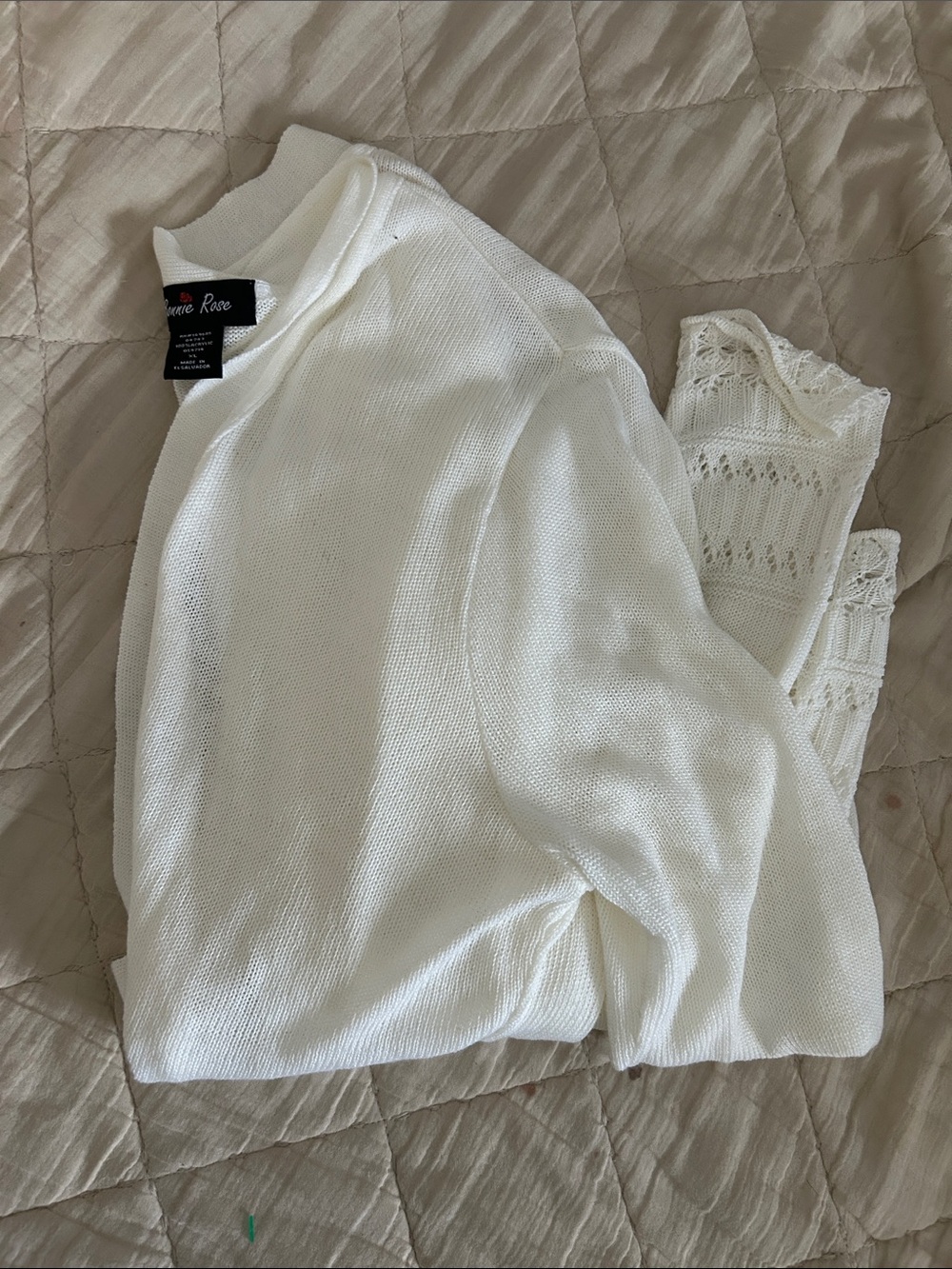 Bonnie Rose  White Open-Front Knit Cardigan with Lace Hem